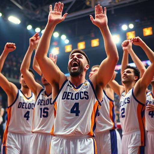 Giocatori dell'Olimpia Milano festeggiano la vittoria in Eurolega