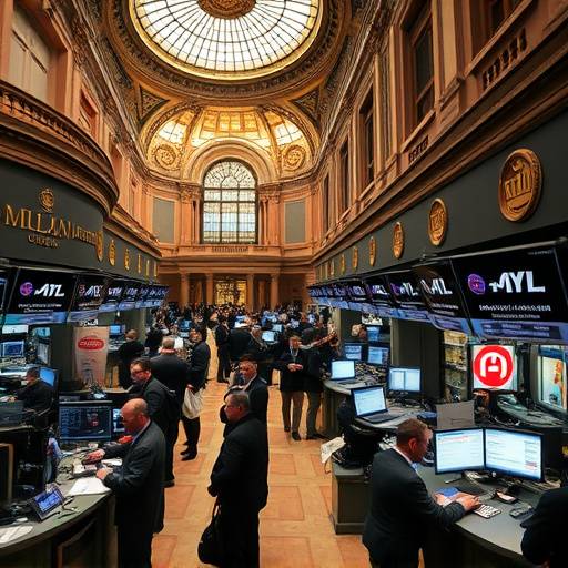 Immagine della Borsa di Milano con il logo di Piazza Affari sullo sfondo e persone che operano in trading